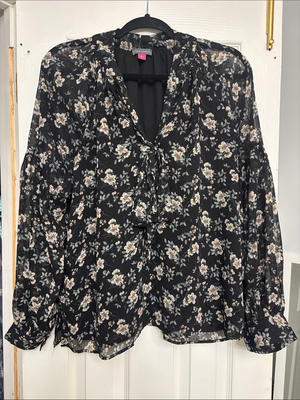 Vince Camuto Black Floral Tie-Neck Sheer Blouse